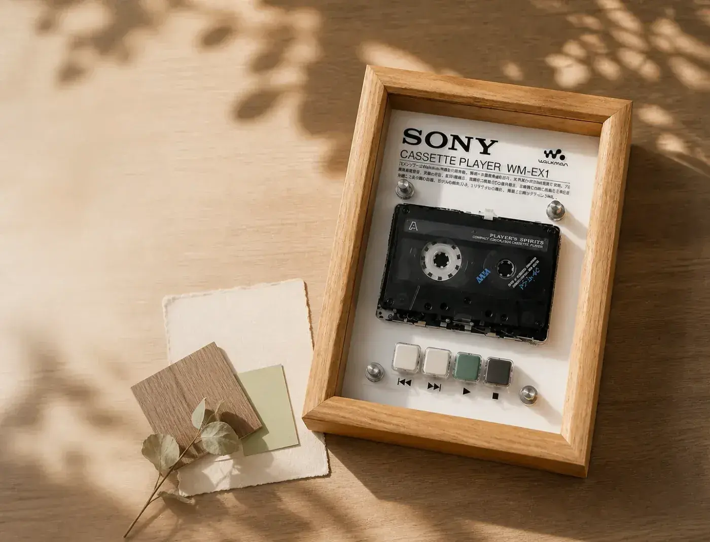 Close detail of a framed WM-EX1 cassette player display piece